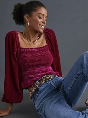 Anthropologie Velvet Smocked Crop Top S Magenta Fuchsia Puff Sleeve Cottagecore